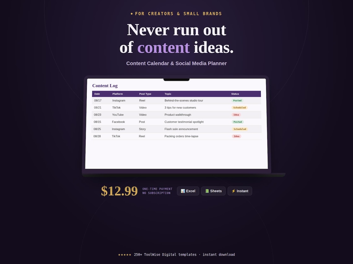 Content Calendar & Social Media Planner — Google Sheets & Excel spreadsheet by ToolWise Digital
