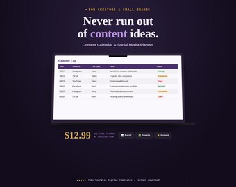Content Calendar & Social Media Planner | Post Tracker Dashboard (Google Sheets, Excel)