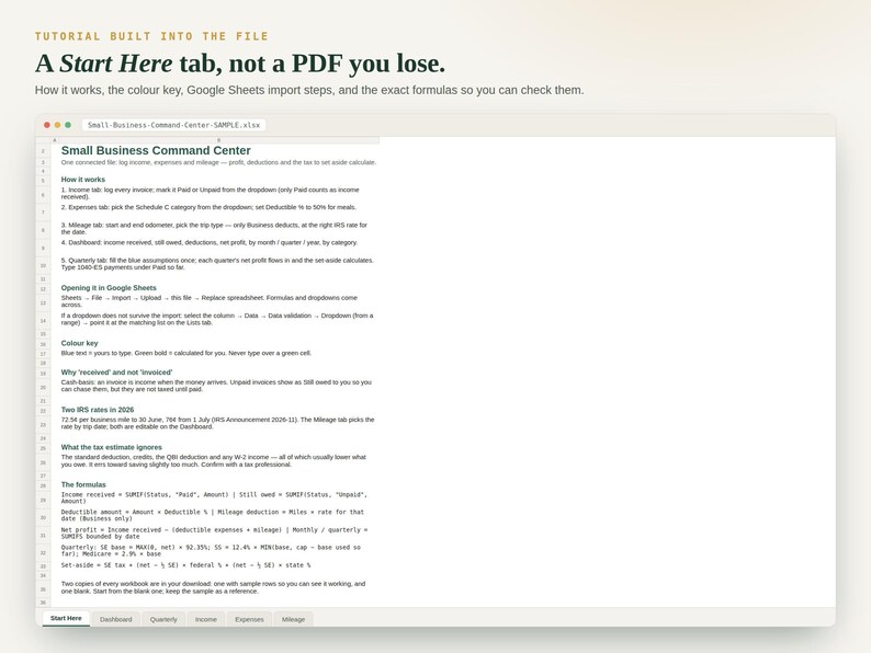 The Start Here tutorial tab inside the workbook