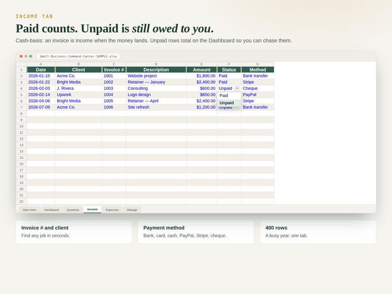 Income tab with Paid and Unpaid status dropdown and payment method