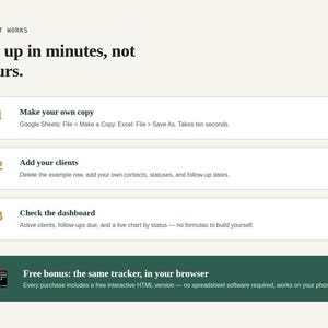 Three-step how-to-use guide for the Client Tracker & CRM spreadsheet, with a free bonus interactive tool banner