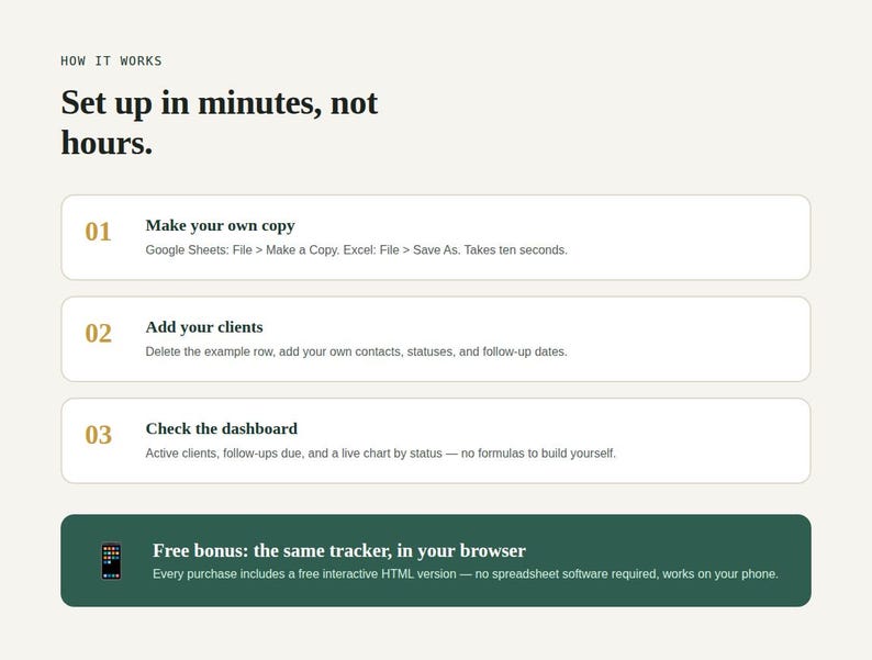 Three-step how-to-use guide for the Client Tracker & CRM spreadsheet, with a free bonus interactive tool banner