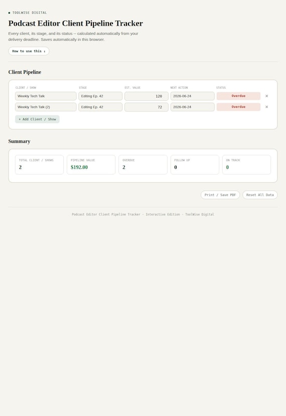 Podcast Editor Client Pipeline Tracker — Google Sheets & Excel spreadsheet by ToolWise Digital — view 3
