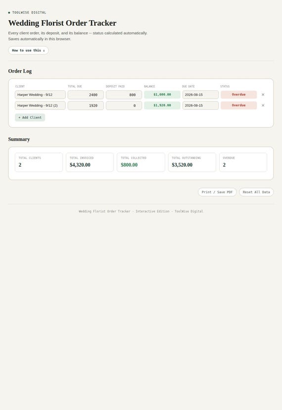 Wedding Florist Order Tracker — Google Sheets & Excel spreadsheet by ToolWise Digital — view 3