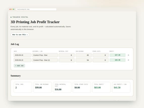 3D Printing Job Profit Tracker — Google Sheets & Excel spreadsheet by ToolWise Digital — view 4