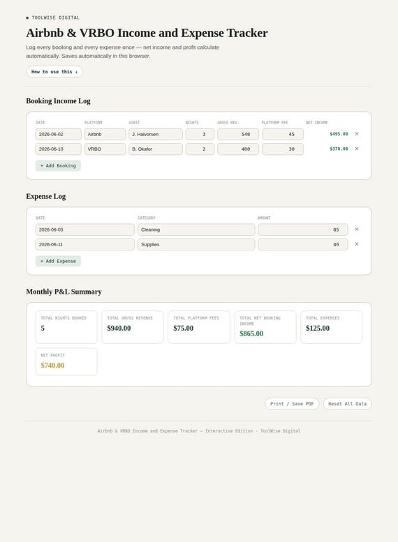 Airbnb & VRBO Income and Expense Tracker — Google Sheets & Excel spreadsheet by ToolWise Digital — view 3