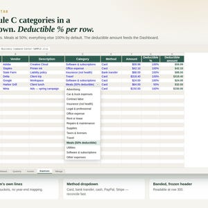 Expenses tab with the Schedule C category dropdown open and deductible percent per row