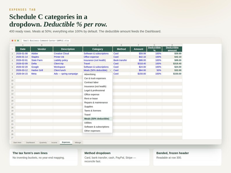Expenses tab with the Schedule C category dropdown open and deductible percent per row