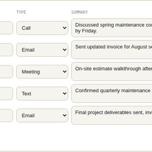 Screenshot of the free interactive HTML tool's Interaction Log panel for Client Tracker & CRM