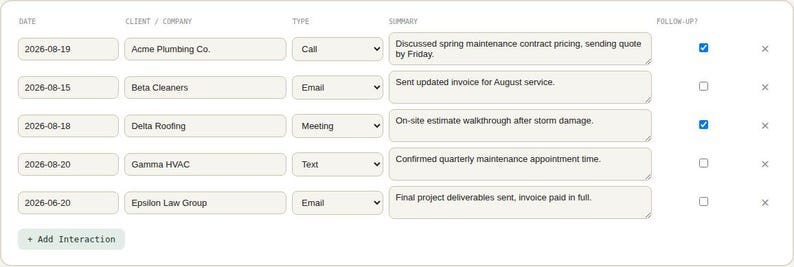 Screenshot of the free interactive HTML tool's Interaction Log panel for Client Tracker & CRM