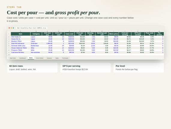 Bar Inventory Spreadsheet — Google Sheets & Excel spreadsheet by ToolWise Digital — view 3