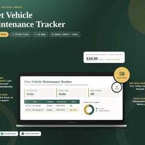 Könnte beinhalten: Eine digitale Fleet Vehicle Maintenance Tracker Tabelle auf einem Laptop-Bildschirm. Die Benutzeroberfläche enthält Spalten für Artikel, Kategorie, letzte Wartung und Status sowie ein Kreisdiagramm zur Anzeige des Wartungsstatus.