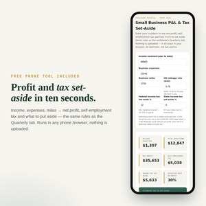 The free phone P&L and tax set-aside tool running in a phone browser