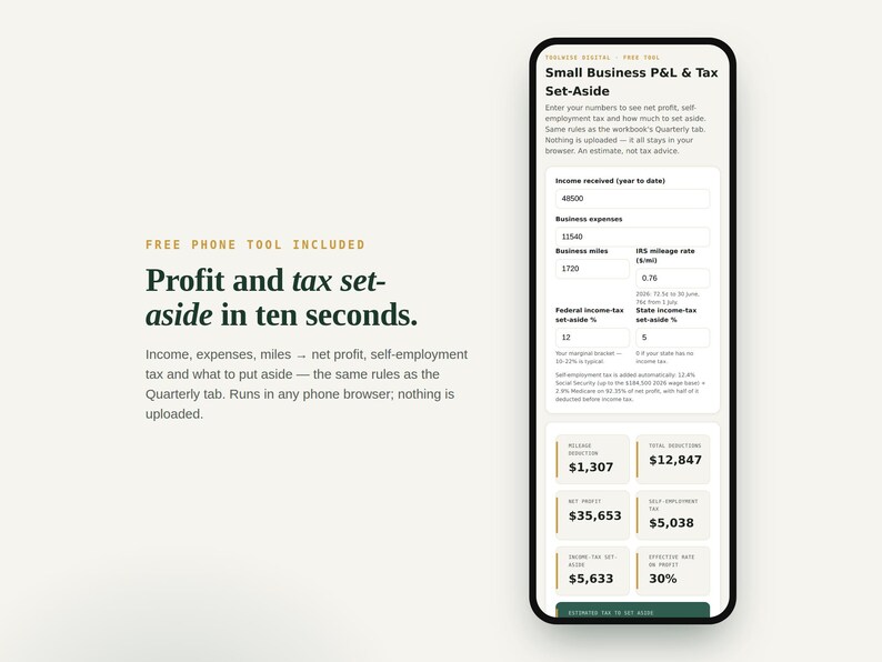 The free phone P&L and tax set-aside tool running in a phone browser