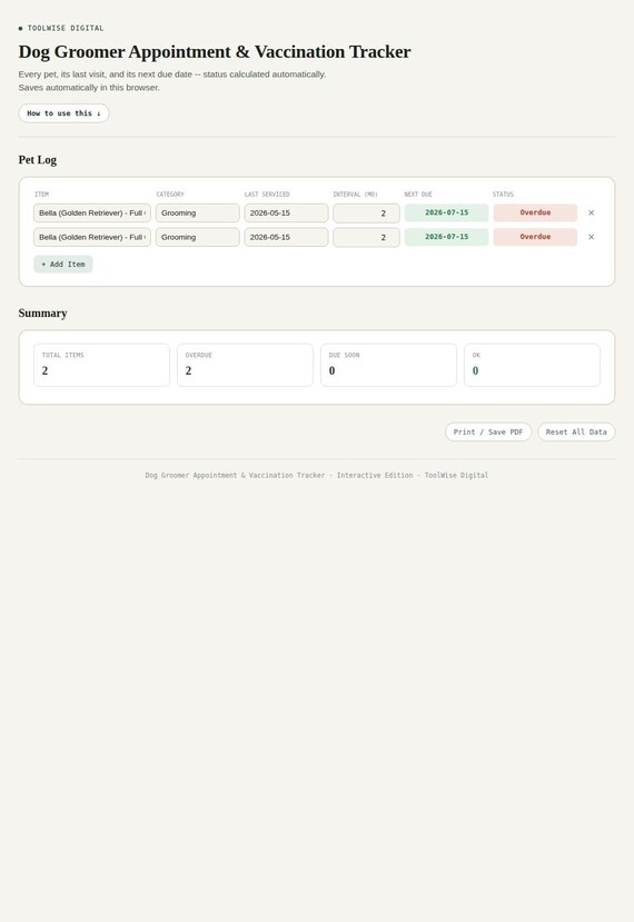 Dog Groomer Appointment & Vaccination Tracker — Google Sheets & Excel spreadsheet by ToolWise Digital — view 3