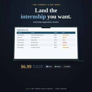 Internship Application Tracker Spreadsheet product cover image showing key features, price, and format