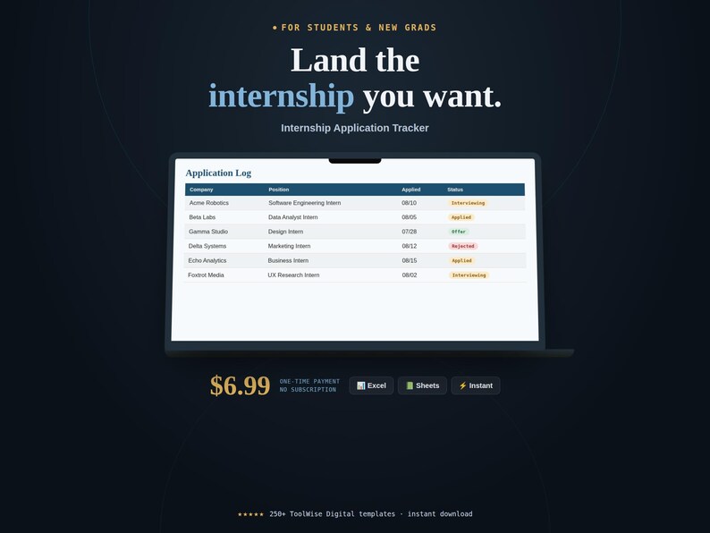 Internship Application Tracker Spreadsheet product cover image showing key features, price, and format