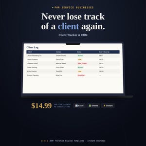 Client Tracker & CRM spreadsheet template cover image showing a dense data table example and pricing