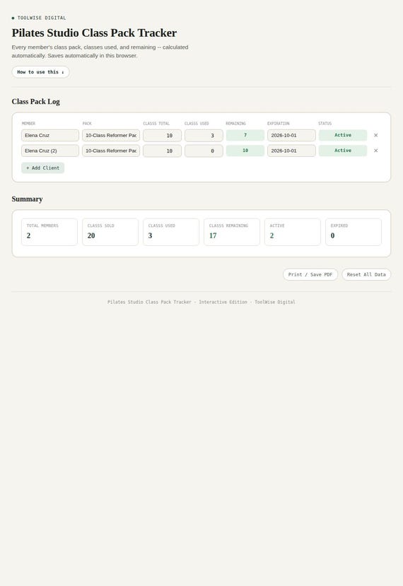 Pilates Studio Class Pack Tracker — Google Sheets & Excel spreadsheet by ToolWise Digital — view 3