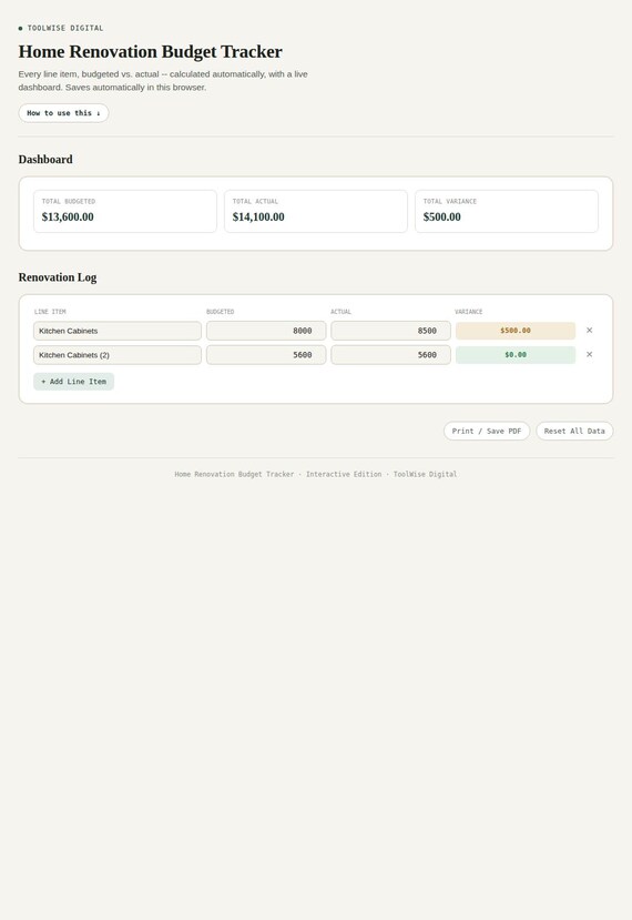 Home Renovation Budget Tracker — Google Sheets & Excel spreadsheet by ToolWise Digital — view 3