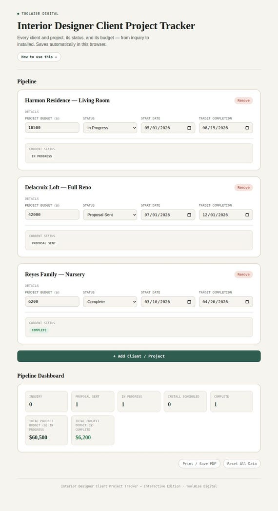Interior Designer Client Project Tracker — Google Sheets & Excel spreadsheet by ToolWise Digital — view 3