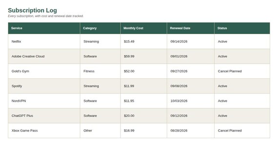 Subscription & Bill Renewal Tracker Spreadsheet — Google Sheets & Excel spreadsheet by ToolWise Digital — view 4