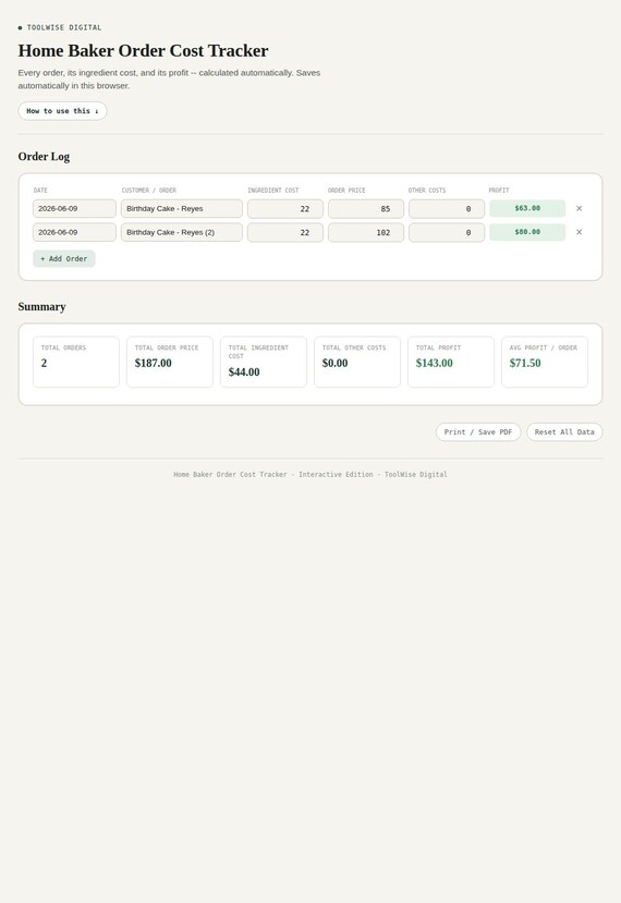 Home Baker Order Cost Tracker — Google Sheets & Excel spreadsheet by ToolWise Digital — view 3