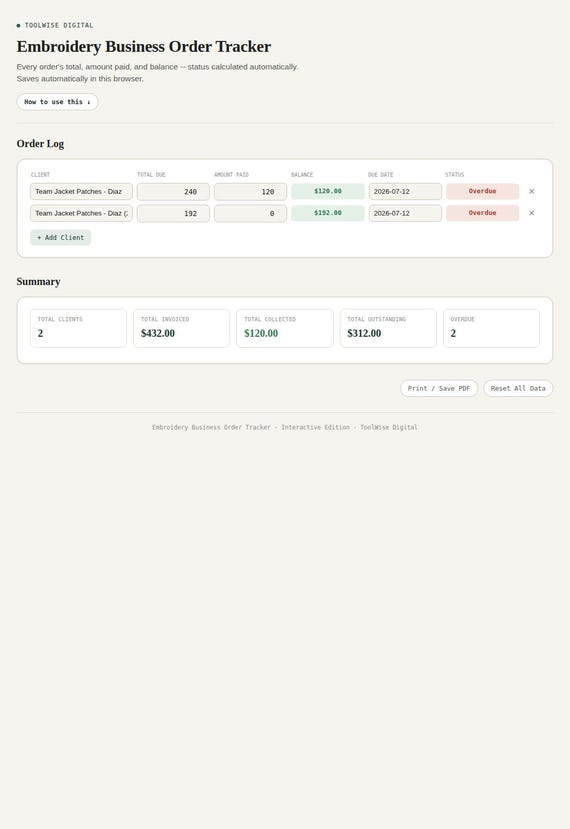 Embroidery Business Order Tracker — Google Sheets & Excel spreadsheet by ToolWise Digital — view 3