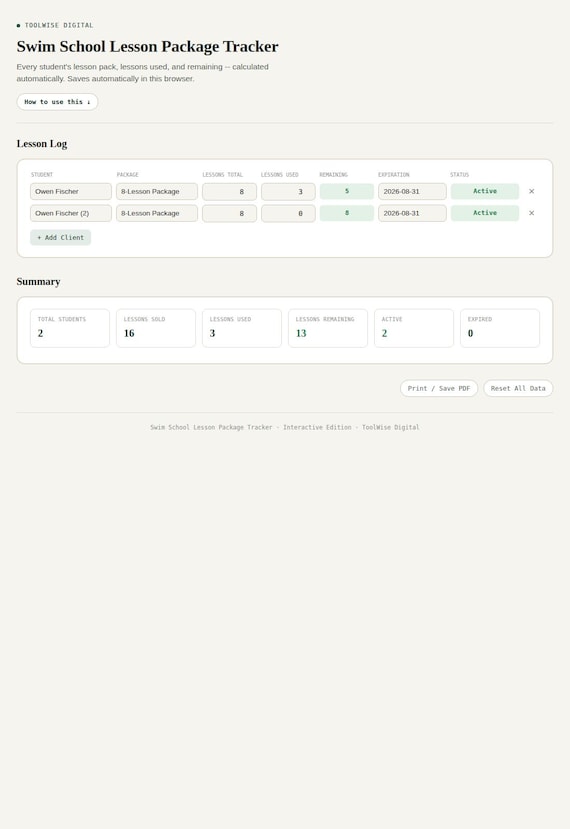 Swim School Lesson Package Tracker — Google Sheets & Excel spreadsheet by ToolWise Digital — view 3