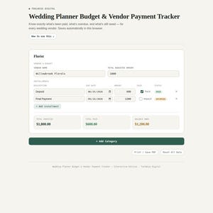 Wedding budget and vendor payment tracker tool with deposits and balances due