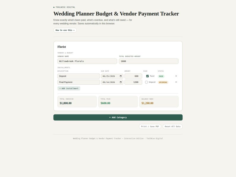 Wedding budget and vendor payment tracker tool with deposits and balances due