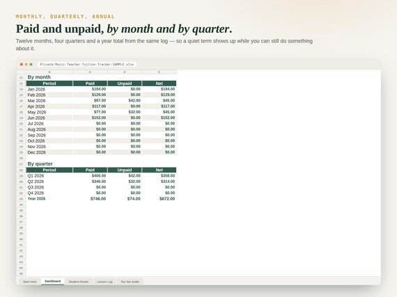 Private Music Teacher Tuition Tracker — Google Sheets & Excel spreadsheet by ToolWise Digital — view 6