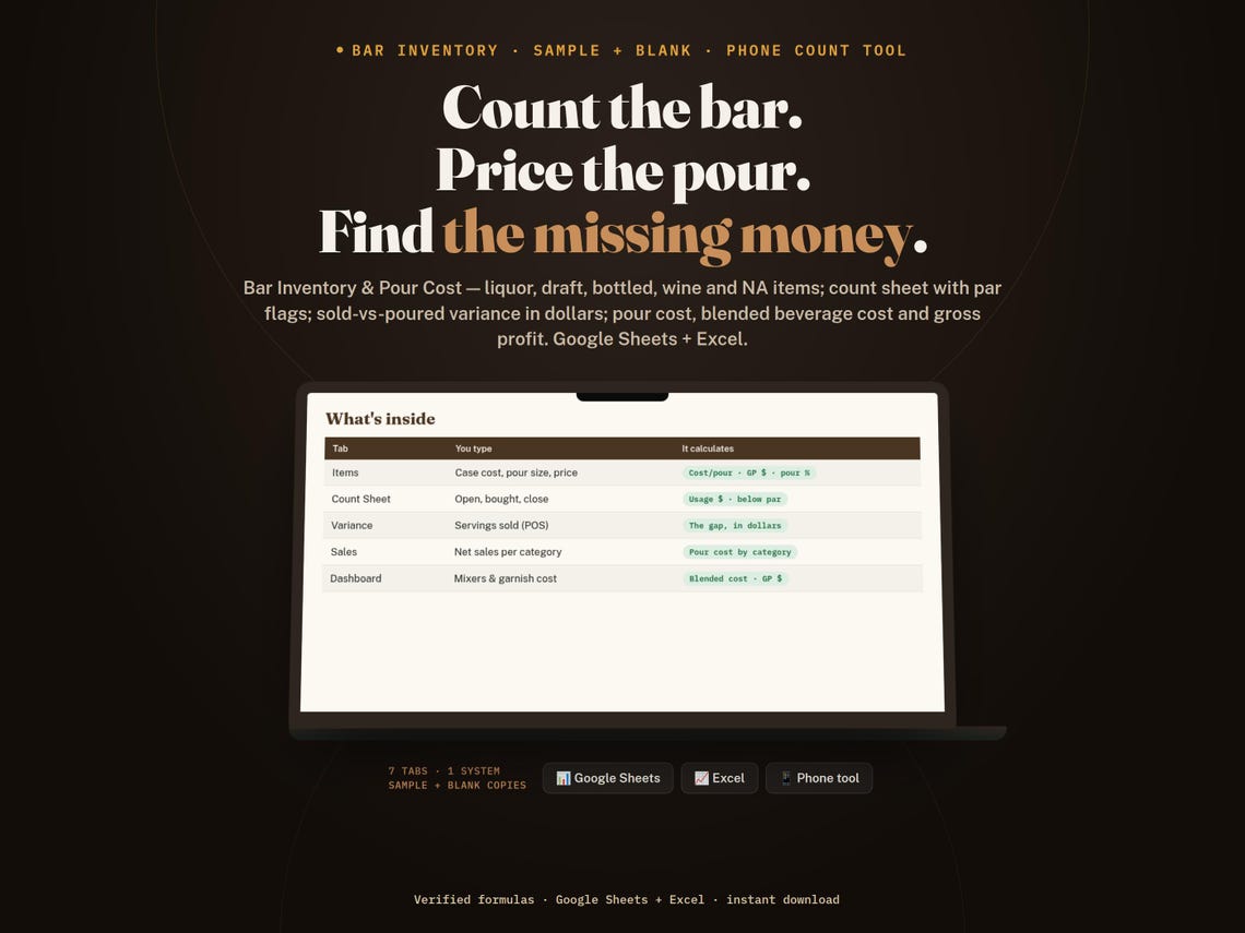 Bar Inventory Spreadsheet — Google Sheets & Excel spreadsheet by ToolWise Digital