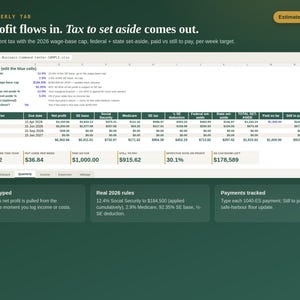 Quarterly tab estimating self-employment tax and set-aside per quarter from the dashboard's net profit