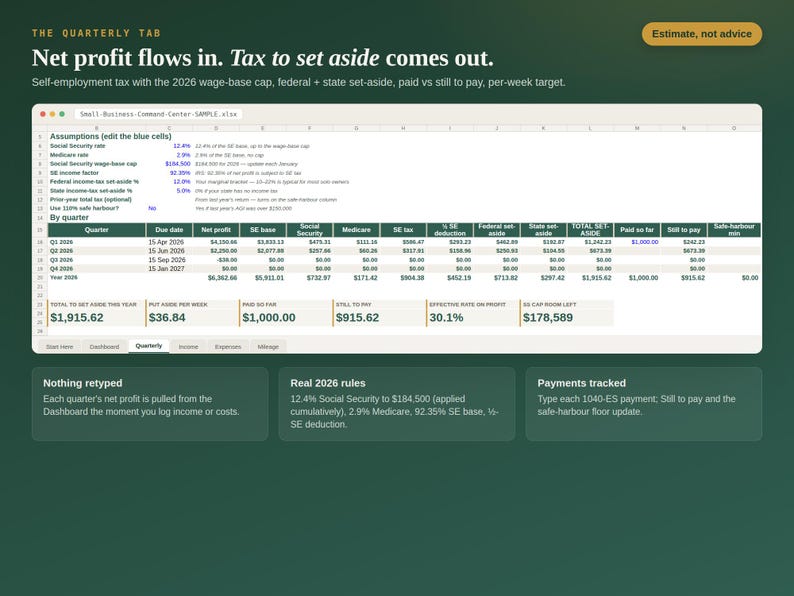 Quarterly tab estimating self-employment tax and set-aside per quarter from the dashboard's net profit