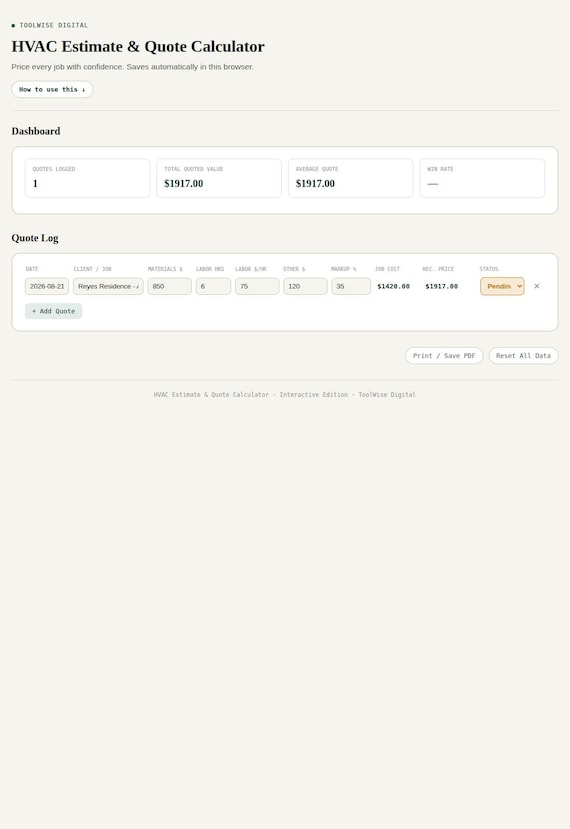 HVAC Estimate & Quote Calculator — Google Sheets & Excel spreadsheet by ToolWise Digital — view 3