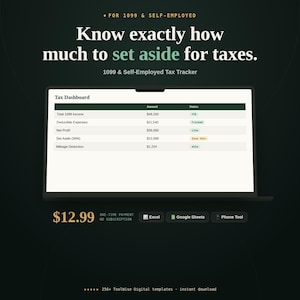 1099 and Self-Employed Tax Tracker cover: tax dashboard with income, deductions, net profit and tax set-aside, price and formats
