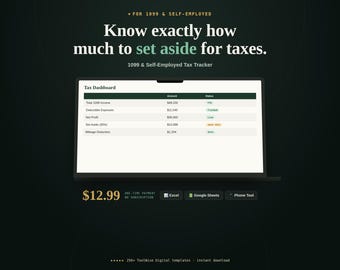 Foglio di calcolo per il monitoraggio delle imposte 1099, strumento per il monitoraggio delle tasse e delle spese per i lavoratori autonomi, Google Sheets Excel, calcolatore per la ripartizione del chilometraggio e le detrazioni per i freelance