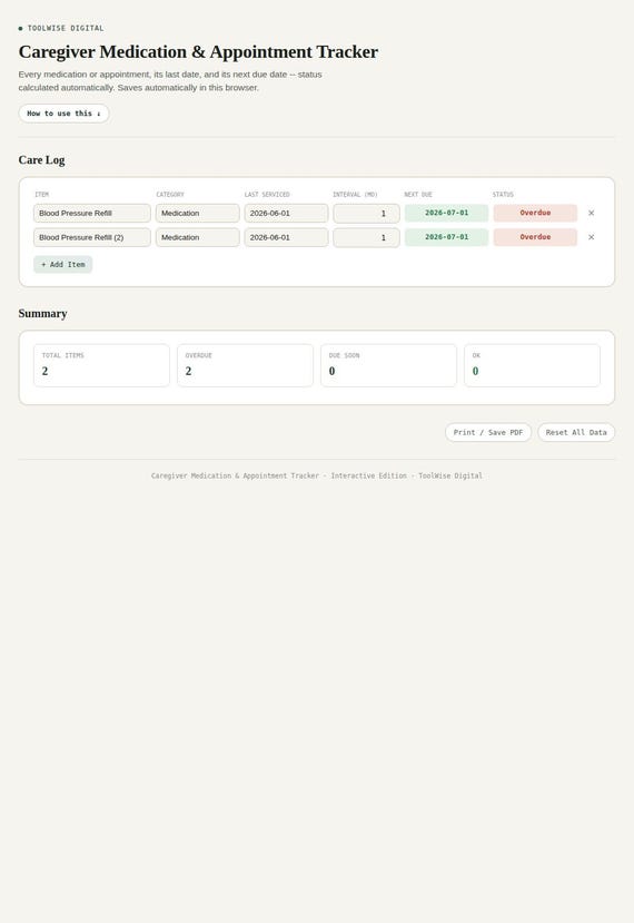 Caregiver Medication & Appointment Tracker — Google Sheets & Excel spreadsheet by ToolWise Digital — view 3