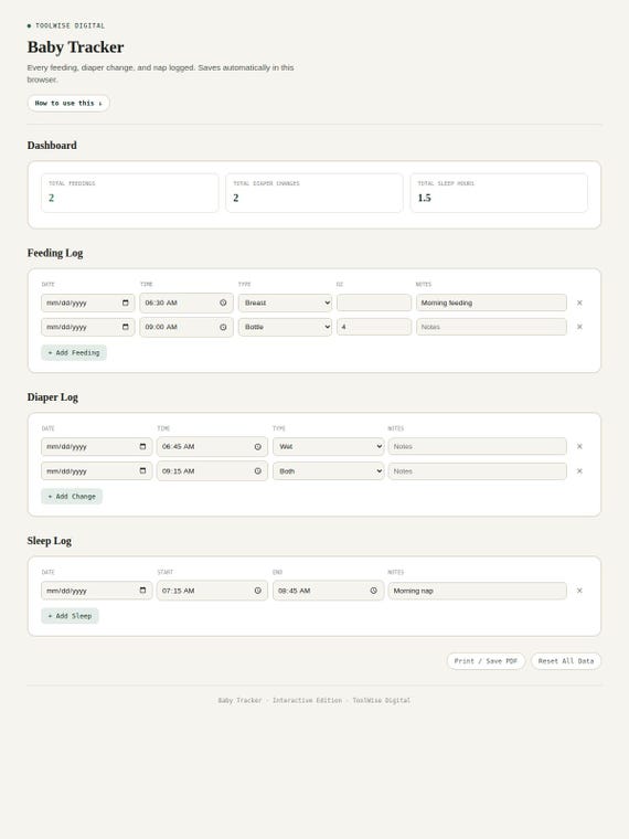 Baby Tracker — Google Sheets & Excel spreadsheet by ToolWise Digital — view 3