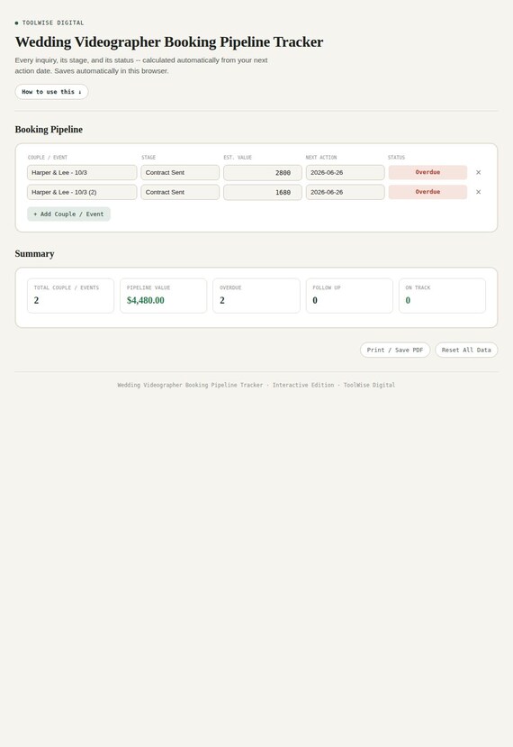 Wedding Videographer Booking Pipeline Tracker — Google Sheets & Excel spreadsheet by ToolWise Digital — view 3