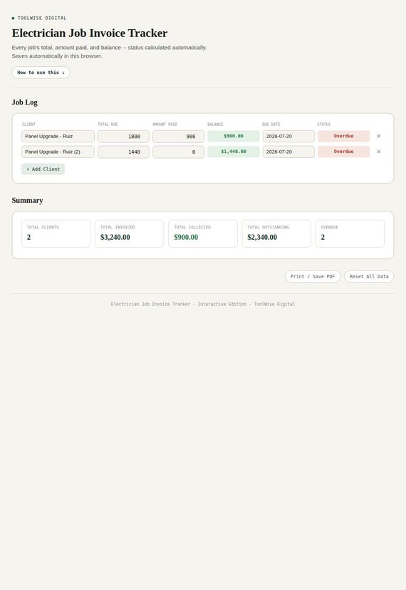 Electrician Job Invoice Tracker — Google Sheets & Excel spreadsheet by ToolWise Digital — view 3
