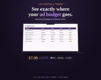 Tabellenkalkulation zur Verfolgung von Marketingkampagnen und Werbeausgaben | ROI-Budgetprotokoll (Google Sheets, Excel)