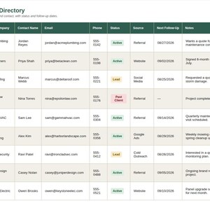 Screenshot of the Client Tracker & CRM spreadsheet Client Directory tab showing a full data table with multiple example rows