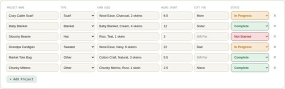 Knitting & Crochet Project Tracker — Google Sheets & Excel spreadsheet by ToolWise Digital — view 6