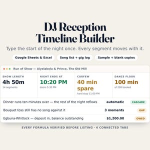 DJ Reception Timeline, Wedding Run of Show, Song List, Gig Tracker (Google Sheets, Excel)
