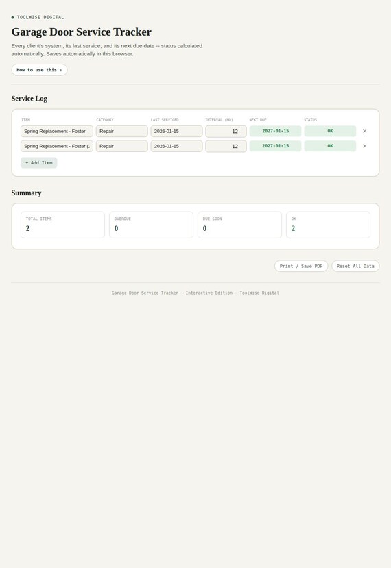 Garage Door Service Tracker — Google Sheets & Excel spreadsheet by ToolWise Digital — view 3