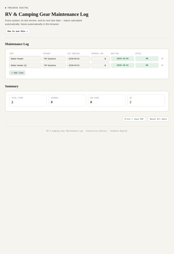 RV & Camping Gear Maintenance Log — Google Sheets & Excel spreadsheet by ToolWise Digital — view 3