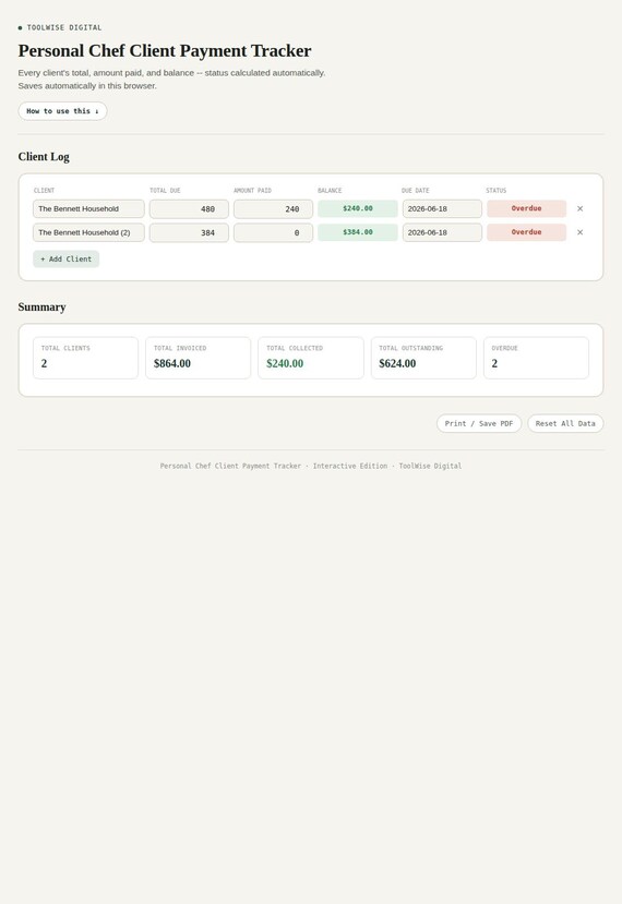 Personal Chef Client Payment Tracker — Google Sheets & Excel spreadsheet by ToolWise Digital — view 3