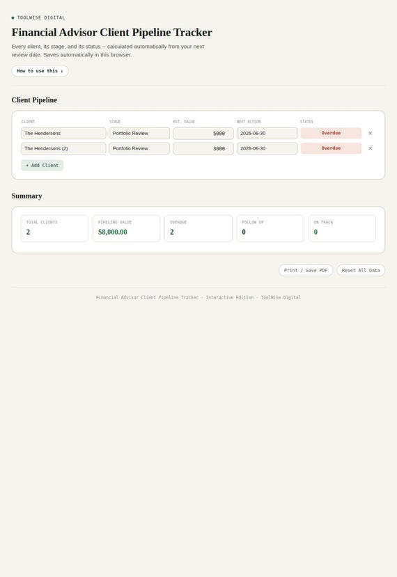 Financial Advisor Client Pipeline Tracker — Google Sheets & Excel spreadsheet by ToolWise Digital — view 3
